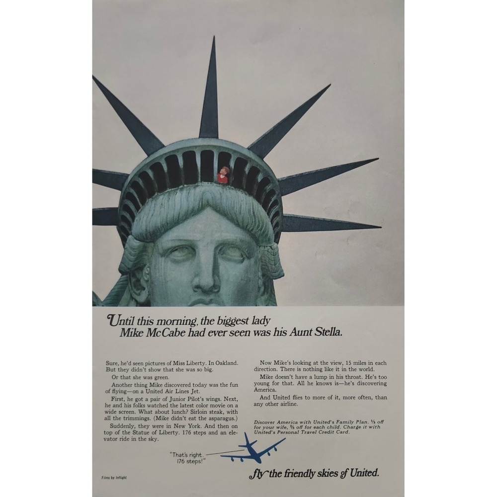 United Airlines Vintage 1966 Magazine Ad Statue of Liberty MCM Travel Decor
